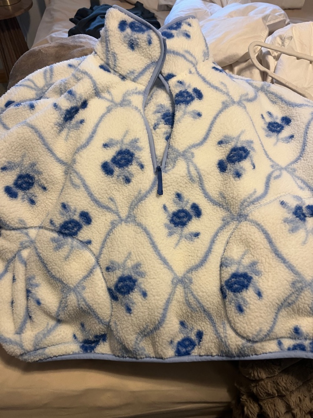 Old Navy White and Blue Floral Sherpa Quarter-Zip Pullover
